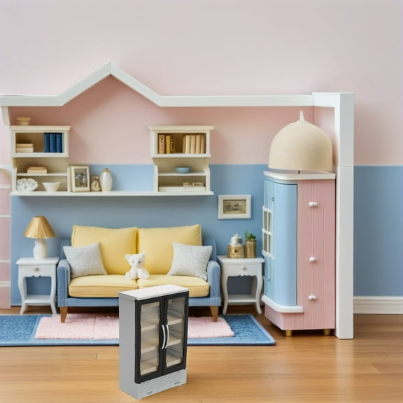 OULII Silver Mini Fridge Toy for Kids Dollhouse Decoration with Functional Double Doors, Lightweight Plastic, 2 Pieces