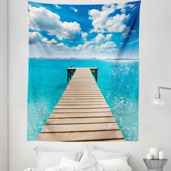 Beach Tapestry, Mallorca Spain Summer Scenery Cloudy Sky Clear Ocean and Wooden Pier, Fabric Wall Hanging Decor for Bedroom Living Room Dorm, 5 Sizes, Aqua Azure Blue and Ecru, by Ambesonne