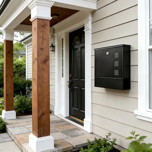 Locking Wall Mount Mailbox for Outside - Large Capacity Outdoor Mail Box with Key Lock for Home/Residential, Holds Newspapers/Magazines/Envelopes, 13 x 3.4 x 11.8 Inch, Black