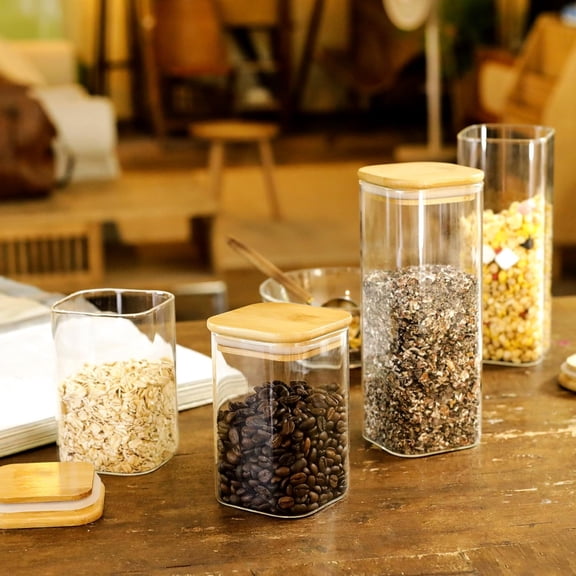 12-Pack Square Glass Storage Jars with Bamboo Lids (0.6Qt/1.06Qt) - Stackable Food Containers for Pantry Organization, Coffee, Flour, Snacks, Tea | Kitchen Canisters Set