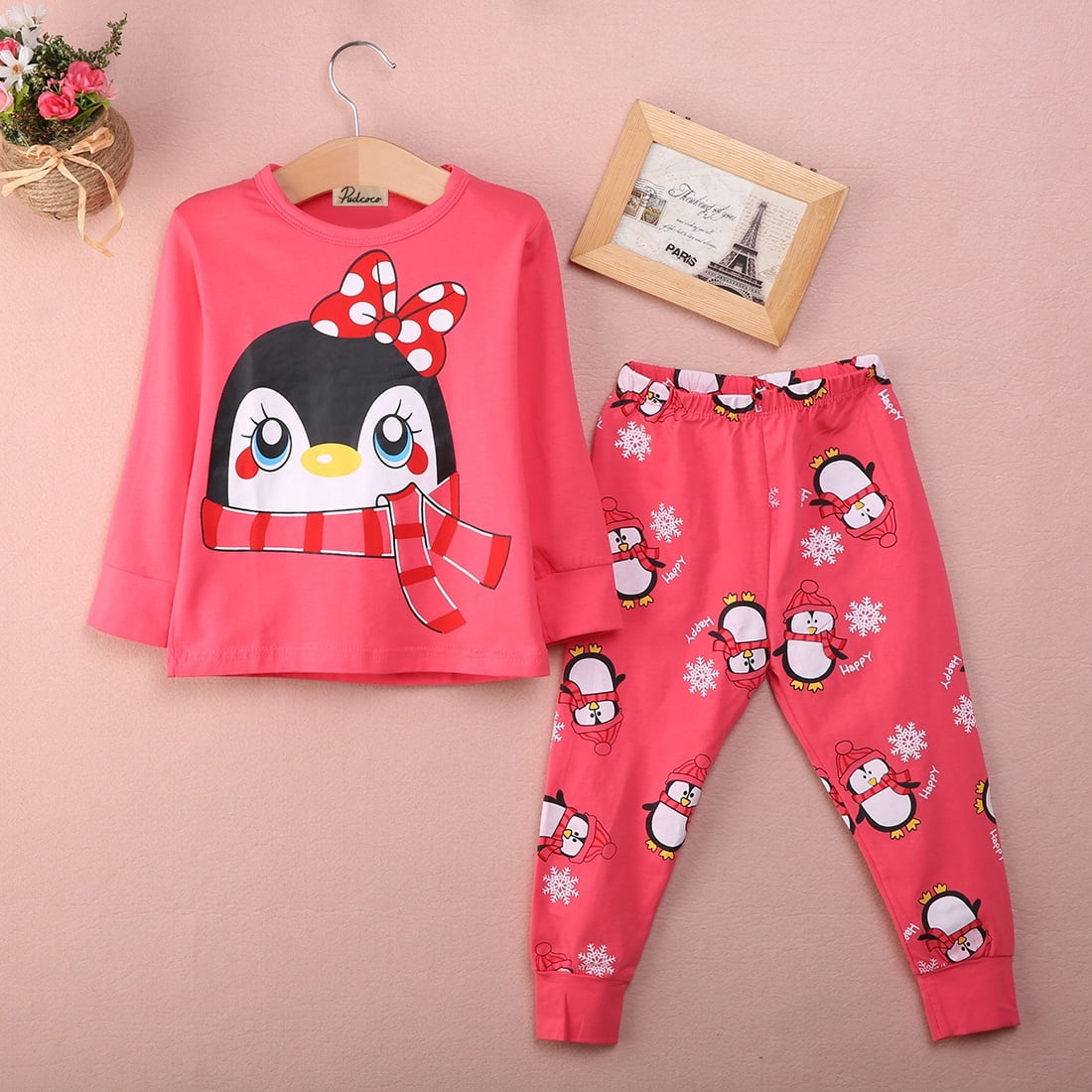Kids Baby Girls Penguin Printed Pink Pajamas Outfits Set Child
