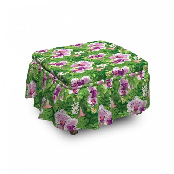 Philodendron Ottoman Cover, Vivid Tropical Flowers, 2 Piece Slipcover Set with Ruffle Skirt for Square Round Cube Footstool Decorative Home Accent, Standard Size, Dark Magenta Blush, by Ambesonne