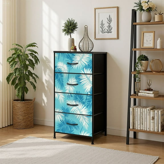 4 Drawer Vertical Storage Dresser Palm leaf with Wood Top Fabric Pull Drawers