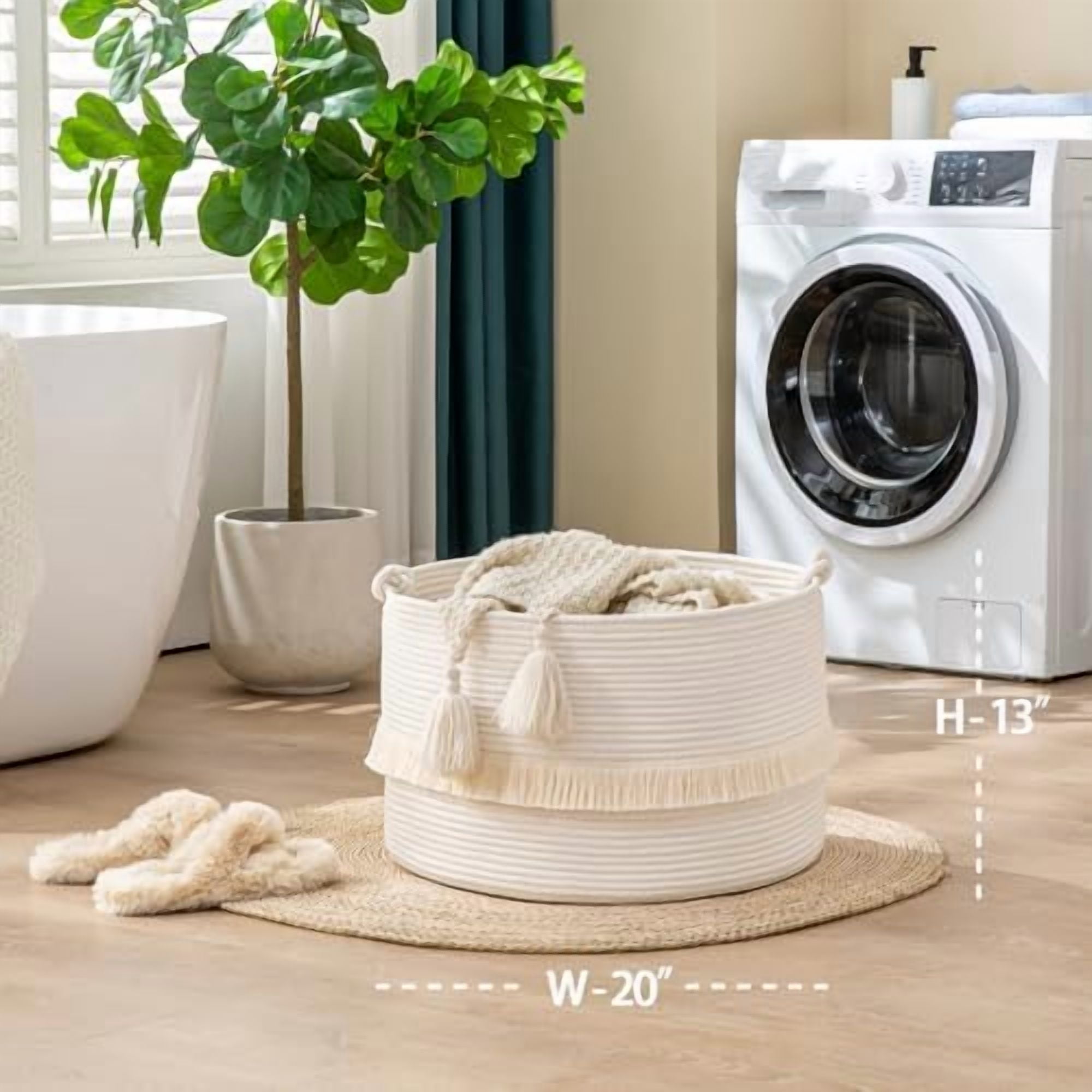 Large Blanket Basket (20"x13"),Woven Baskets for storage Baby Laundry Hamper, Cotton Rope Blanket Basket for Living Room, Laundry, Nursery, Pillows, Baby Toy chest (White)