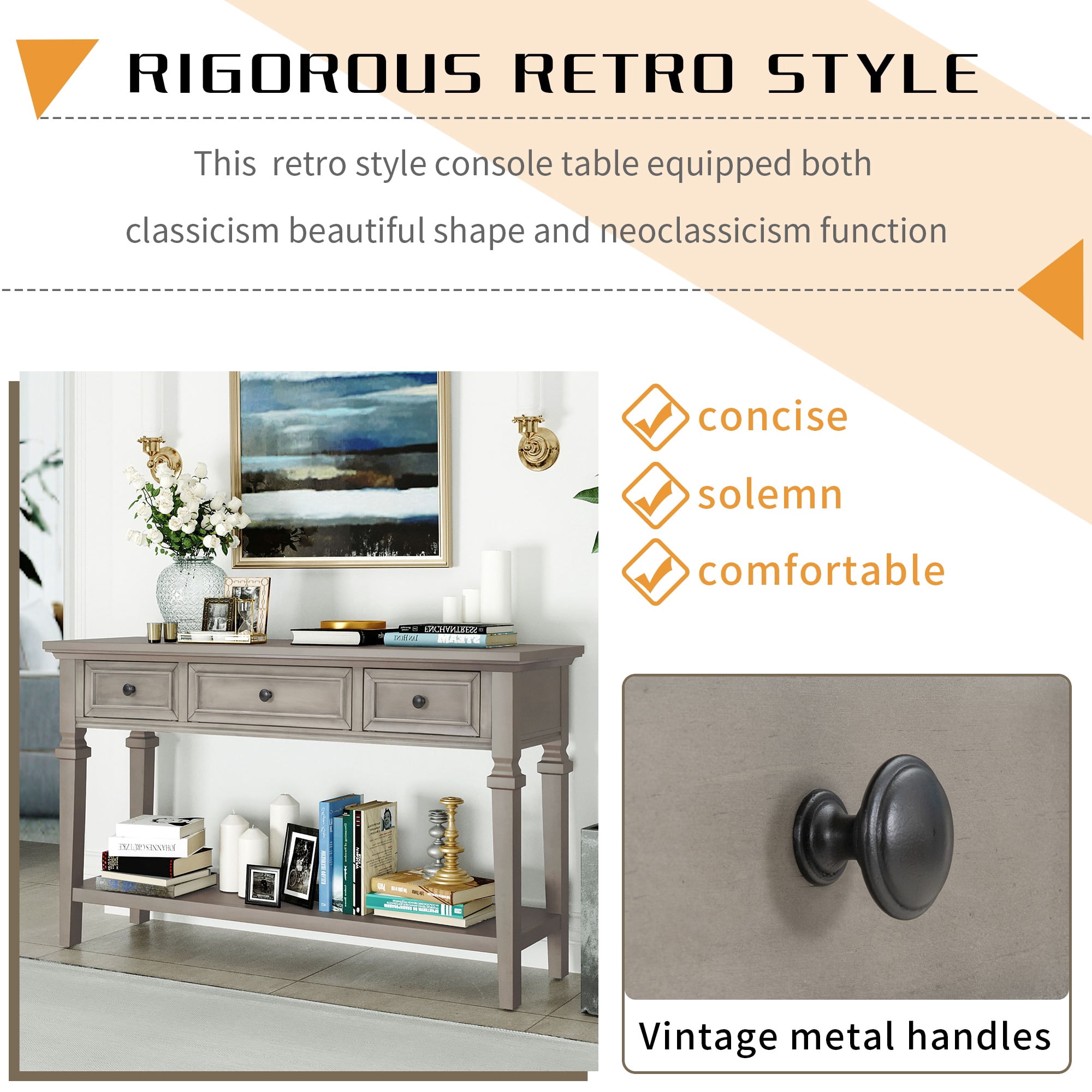 PORKISS 50" Console Table with 3 Storage Drawers, Narrow Long Entryway Table with Bottom Shelf, Vintage Sofa Table with Wood Frame for Living Room Entryway/Hallway/Foyer, Gray Wash