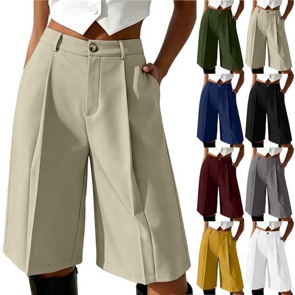 Bloomae Bermuda Shorts for Women Knee Length Stretchy Button Elastic High Waist Wide Leg Shorts with Pockets Loose Fit Casual Pull on Business Work Office Slacks