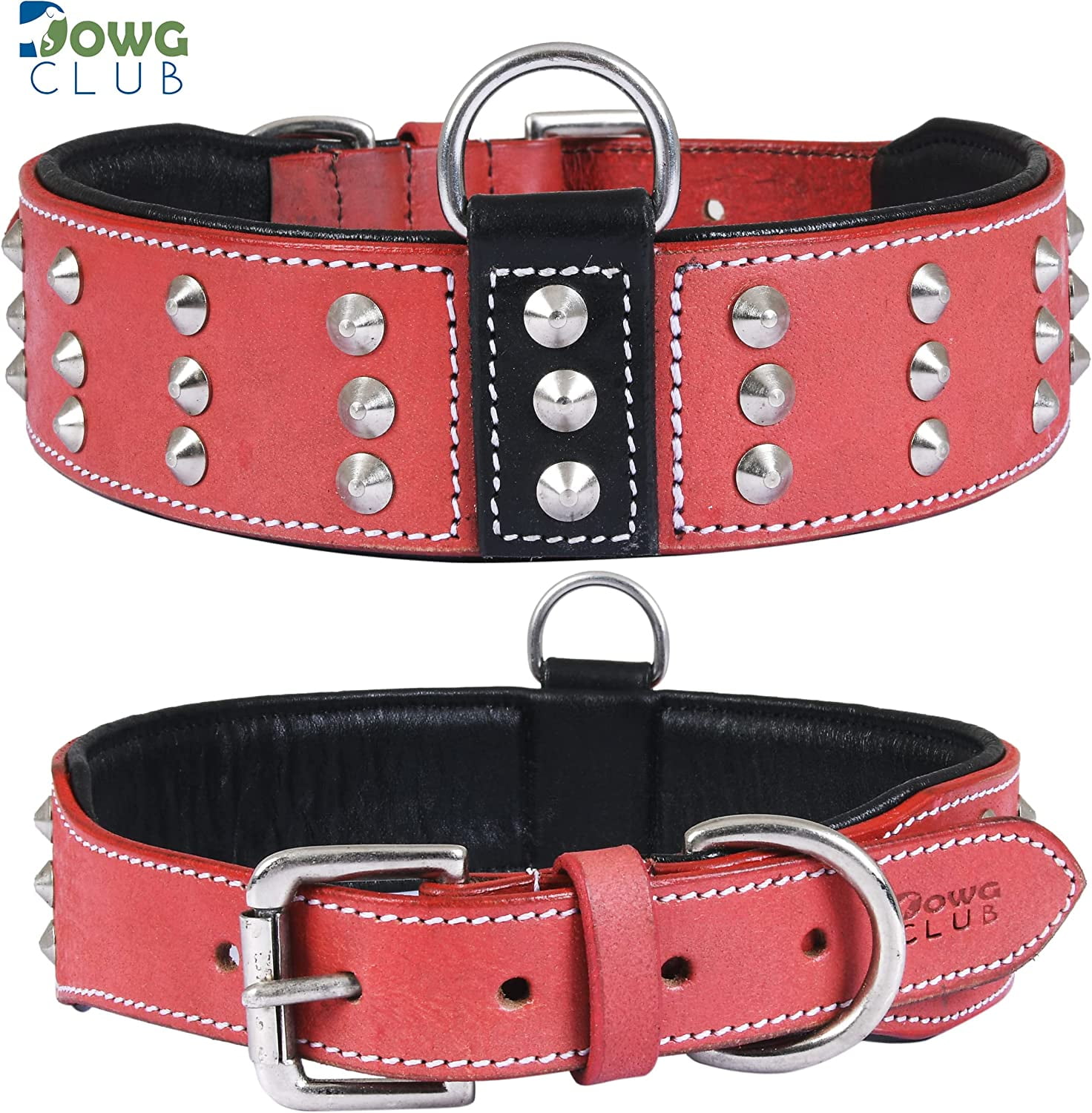 DowgClub | Genuine Leather Dog Collar with Riveted Spikes | Saddle Grade, Full Grain, Heavy Duty | Comfortable, Cushion Padding Inside, Strong | Best for Medium, Large, XL Breeds