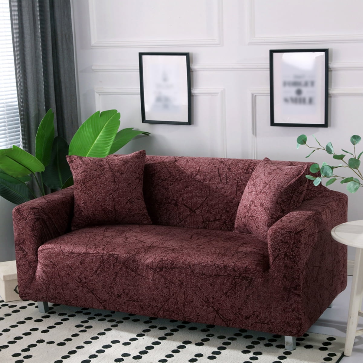 Loveseat, Burgundy Jacquard Sofa Cover for Loveseat 1 Piece Burgundy Couch Covers for Living Room Loveseat Slipcovers with Elastic Bottom Furniture Protector Cover for Leather Sofa and Couch