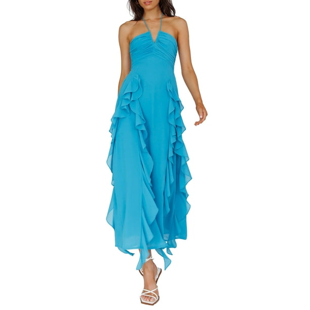 Lucakuins Vestido largo halter sin mangas con volantes y fruncido de gasa para mujer, vestido de vacaciones en la playa Lucakuins moda
