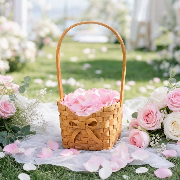 Handwoven Wicker Flower Girl Basket With Bow Wedding Petal Basket Small Storage Basket For Ceremony Party Home Decor