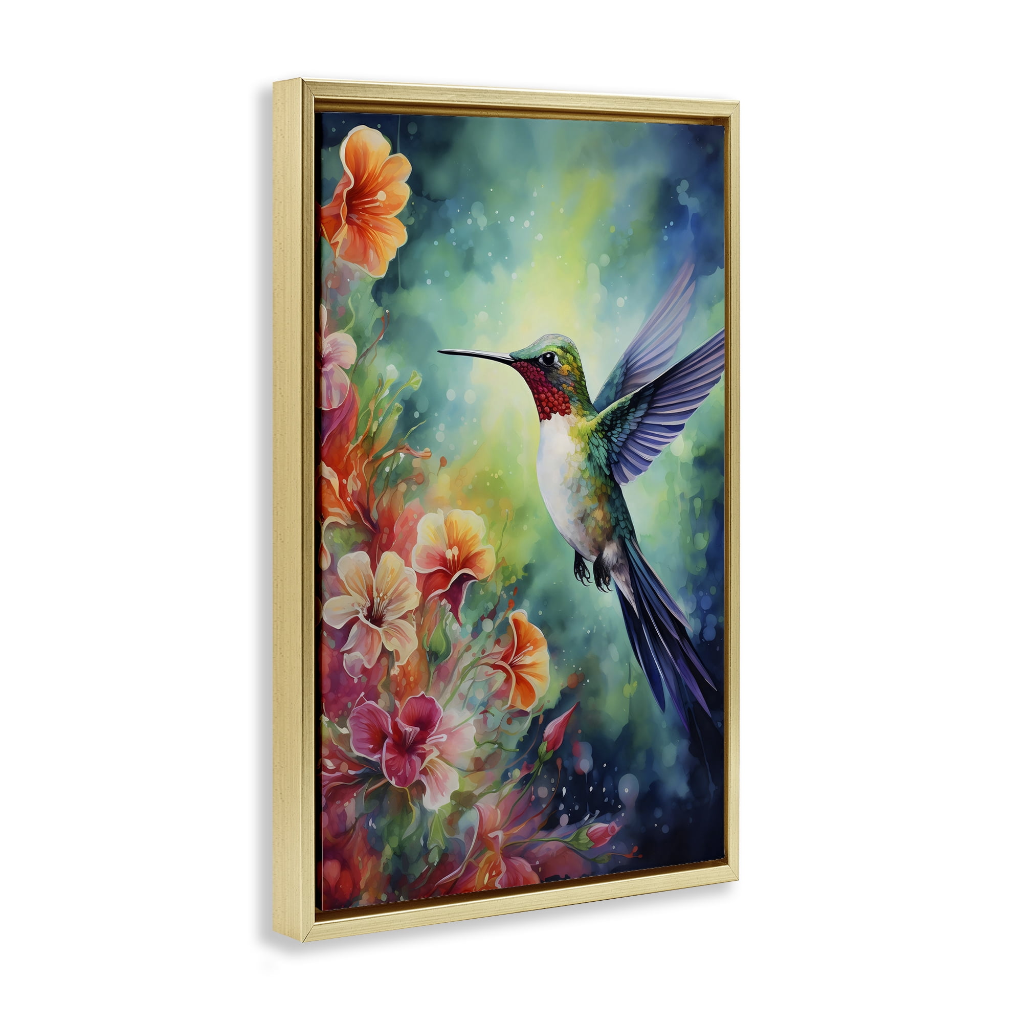 Stupell Industries Fluttering Hummingbird & Radiant Blossoms Gold Framed Floater Canvas Wall Art, design by Creative Studio