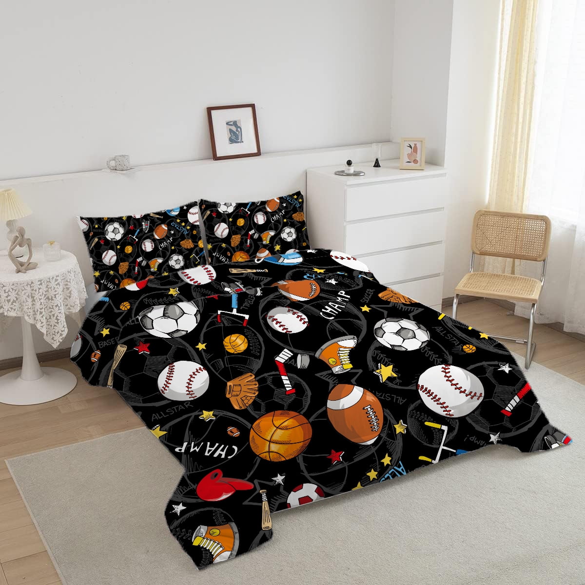 Twin Sports Comforter Set Black Ball Bedding Sets for Boys Girls Kids Teen 3D Soccer Basketball Baseball Football Design 5Pcs Bed in A Bag