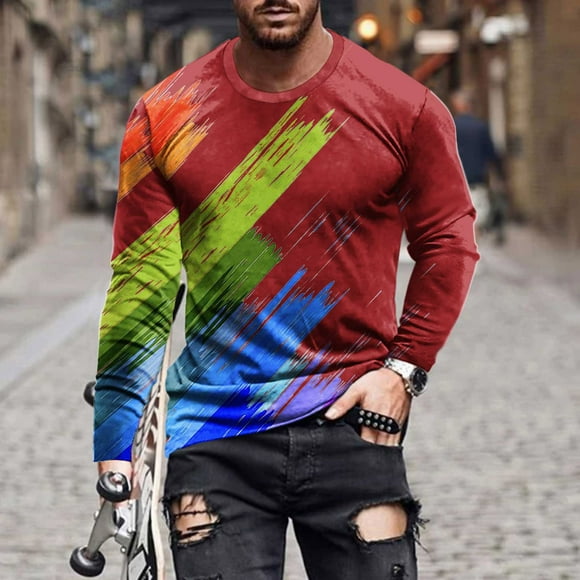 Meichang Long Sleeve T Shirt Men Tall,Graphic Tees Men Casual 3D Optical Illusion Print T-Shirts Fashion Round Neck Daily Long Sleeve Shirts for Men
