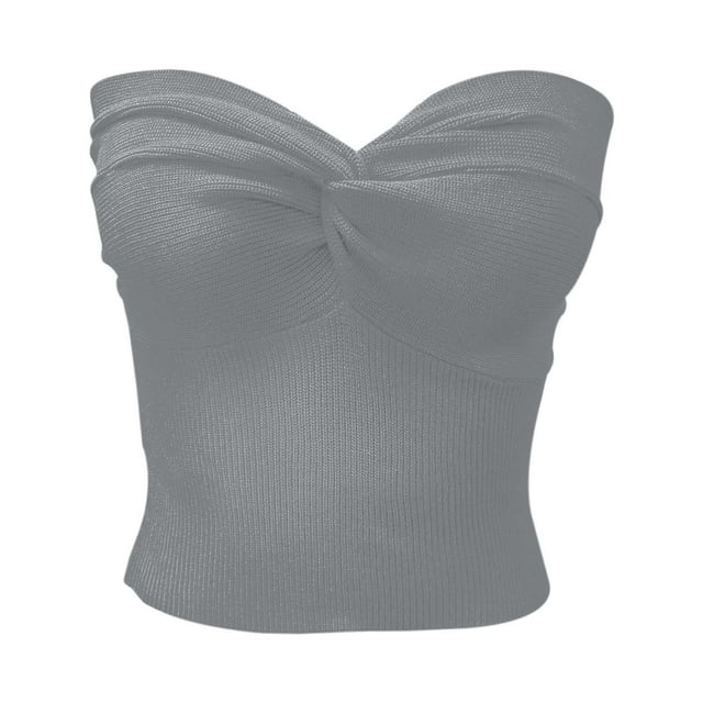 MIASHUI Women Tube Crop Tops Elegant Strapless Solid Color Knit Top,Grey,M