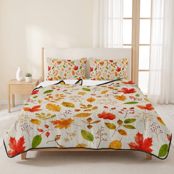 3 Pieces Queen Quilt Set,Country Fall Maple Leaf Soft Bedding Sets with 1 Quilt & 2 Pillow Shams,Vintage Farmhouse Leaves Summer Bedspread Lightweight Coverlet Comforter for All Season