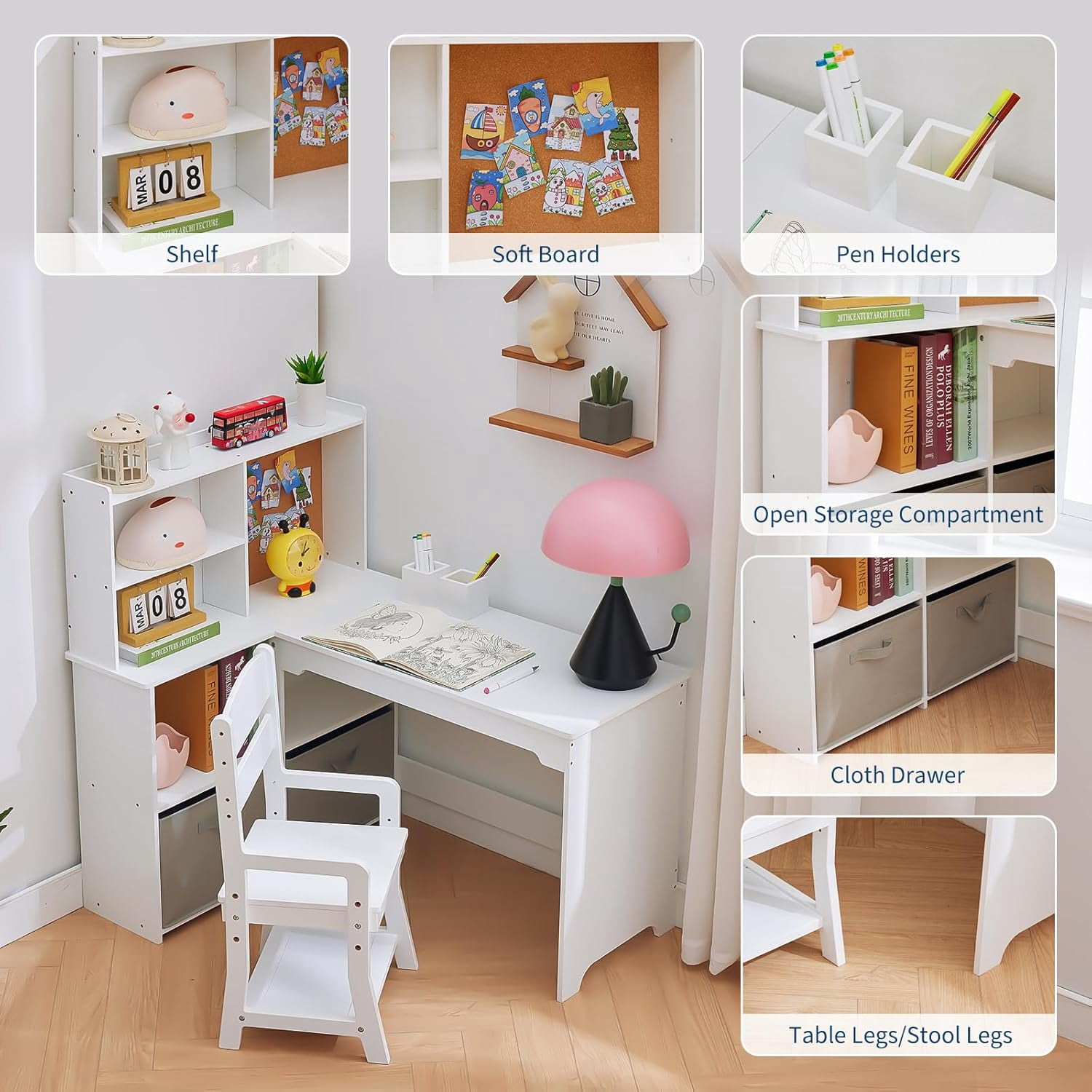 Kids Corner Desk and Chair Set L Shape Children Study Table with  Open Shelves Hutch for Home School Use