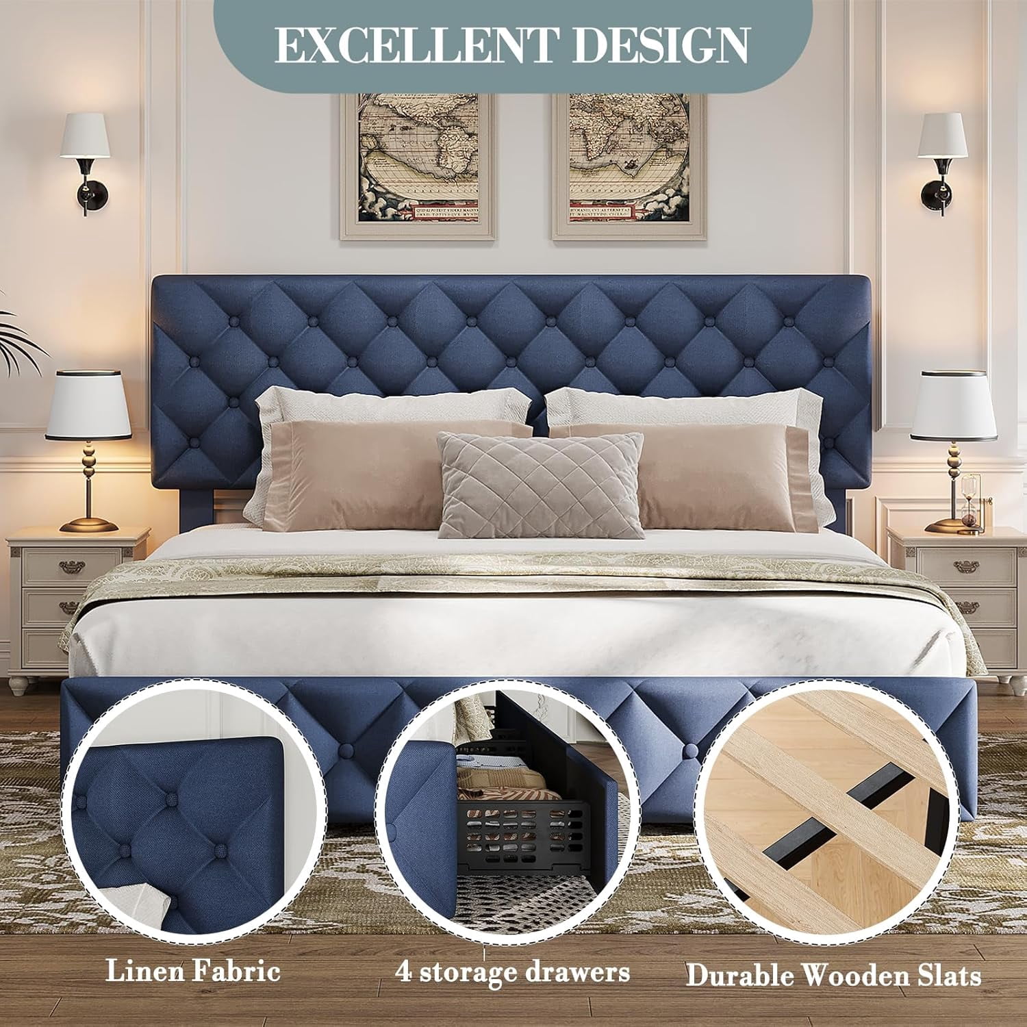 Eastvita King Size Bed Frame with 4 Storage Drawers & Adjustable Headboard, Blue