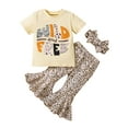 thumbnail image 1 of Bagilaanoe 3pcs Toddler Baby Girl Long Pants Set Letter Print Short Sleeve T-Shirts Tops + Flare Trousers + Headbands 1T 2T 3T 4T 5T 6T Kids Casual Outfits, 1 of 9