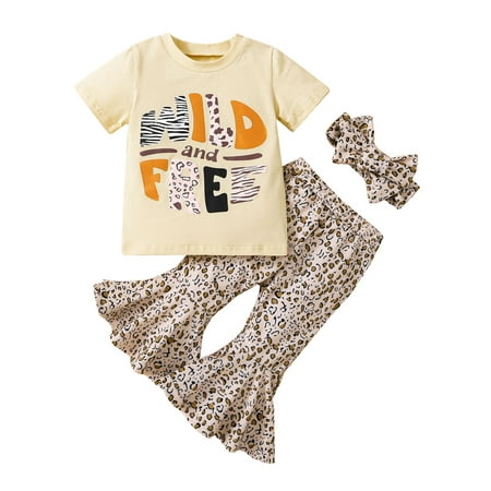 

Qtinghua Toddler Baby Girls 3Pcs Summer Outfits WILD AND FREE T-Shirt+Leopard Bell Bottoms+Headband Summer Clothes