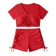 thumbnail image 6 of MIXUE Swim Suits for Women Summer Solid Color V Neck Tie Front Short Sleeve Camisole And Panty Two Piece Tankini Set Swimwears Activewear,Red,XL, 6 of 7