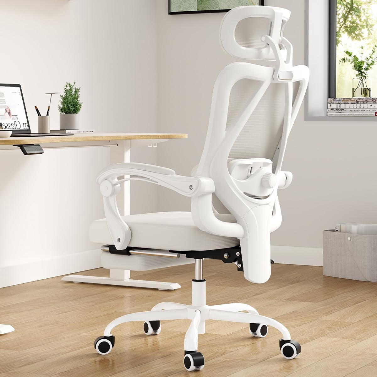 STARY Ergonomic Office Chair with Footrest, High Back Mesh Desk Chair with Adjustable Headrest & Lumbar Support, Comfortable Computer Chair for Home Office Study, White & Beige