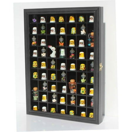 59-Opening Souvenir Thimble Small Miniature Display Case Cabinet Rack Holder, Glass Door, (Black)