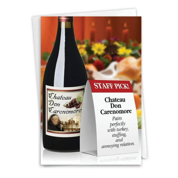 NobleWorks Funny Thanksgiving Greeting Card with 5 x 7 Inch Envelope (1 Card) Wine Pairing 1212