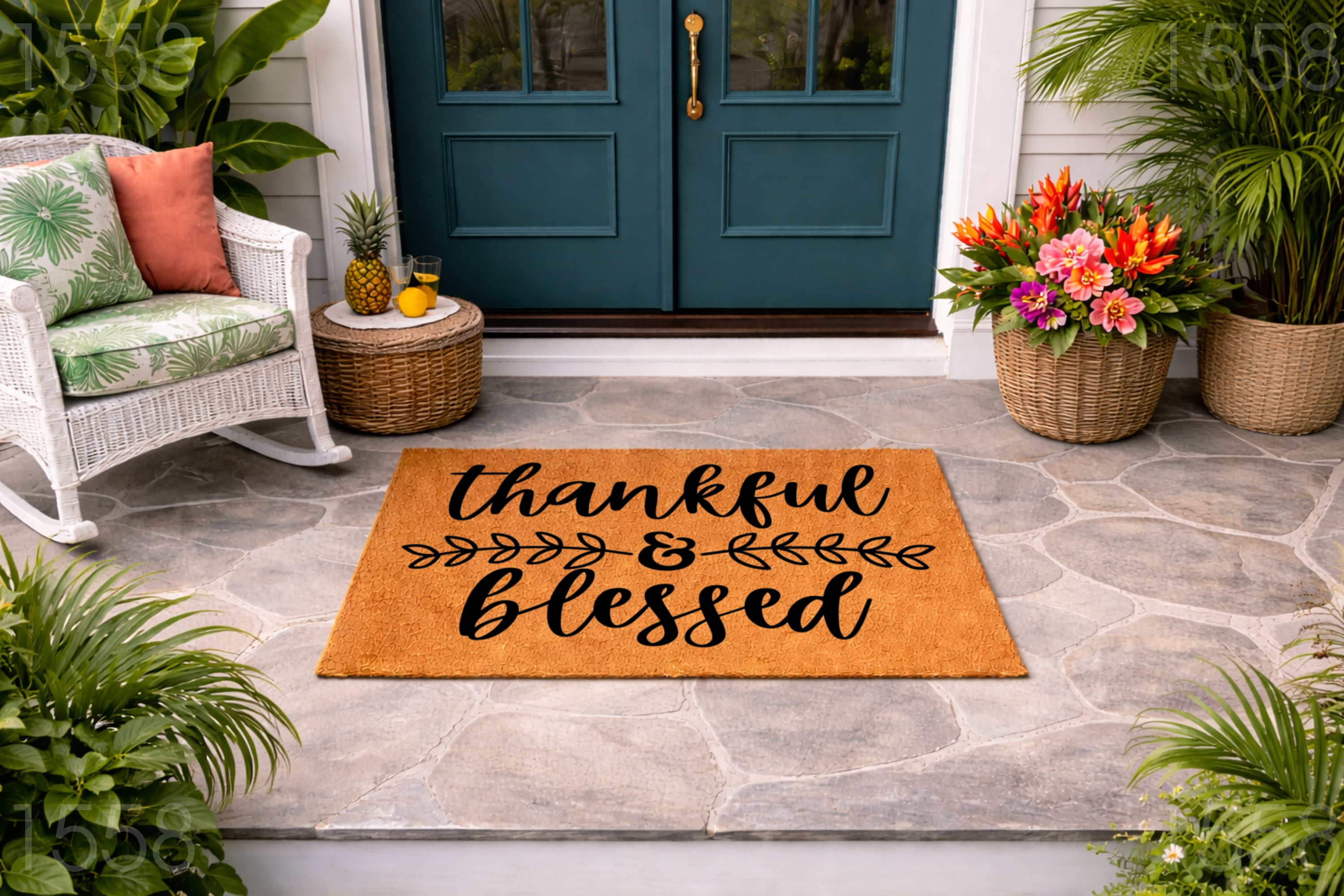 Thankful & Blessed Doormat, Indoor Outdoor Welcome Mat, Rustic Farmhouse Entryway Decor (16x24 inches) 1558