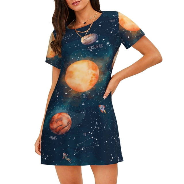 Fotbe Solar System And Planets Bata de Dormir para Mujer con Estampado, Camisón de Algodón de Manga Corta, Ropa de Dormir Casual