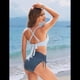 thumbnail image 4 of Conjunto de Bikini de Cintura Alta con Cordón Ajustable para Mujer, Traje de Baño Cruzado con Lazo en la Espalda. Azul L, 4 of 9