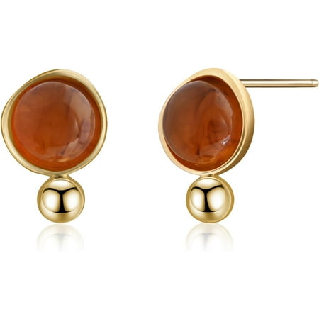 Amber Gold Stud Earrings Brown Earrings 8mm Amber Stone 4mm Gold Ball Studs for Women Gift[b730]
