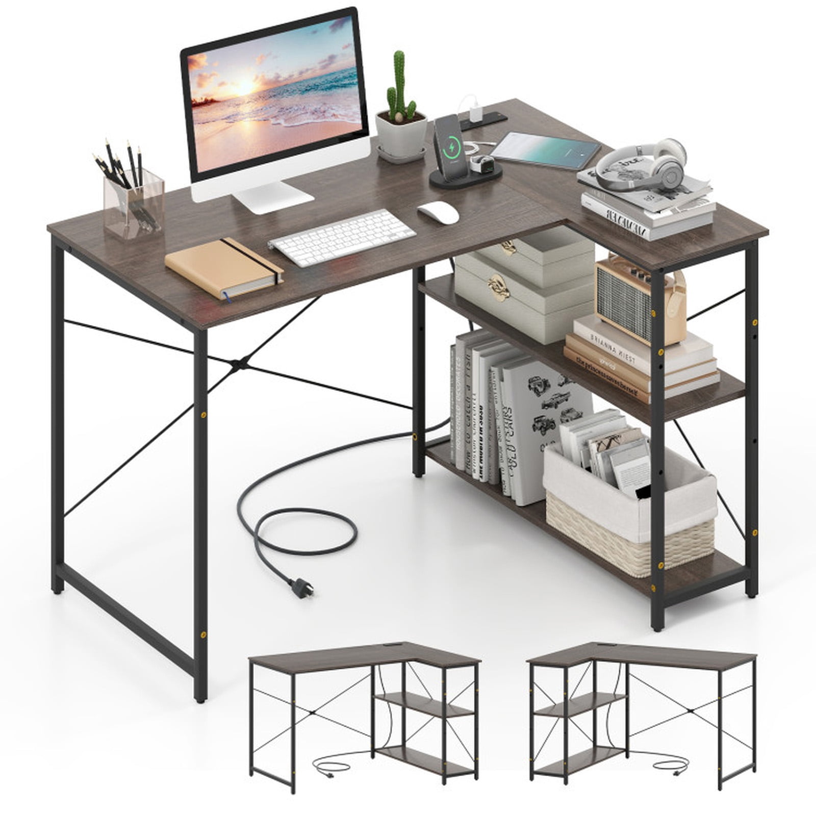 Furnibear L Shaped 47 Inch Reversible Corner Desk with Charging Station USB Type-C Adjustable Storage Shelves Metal Frame Gray