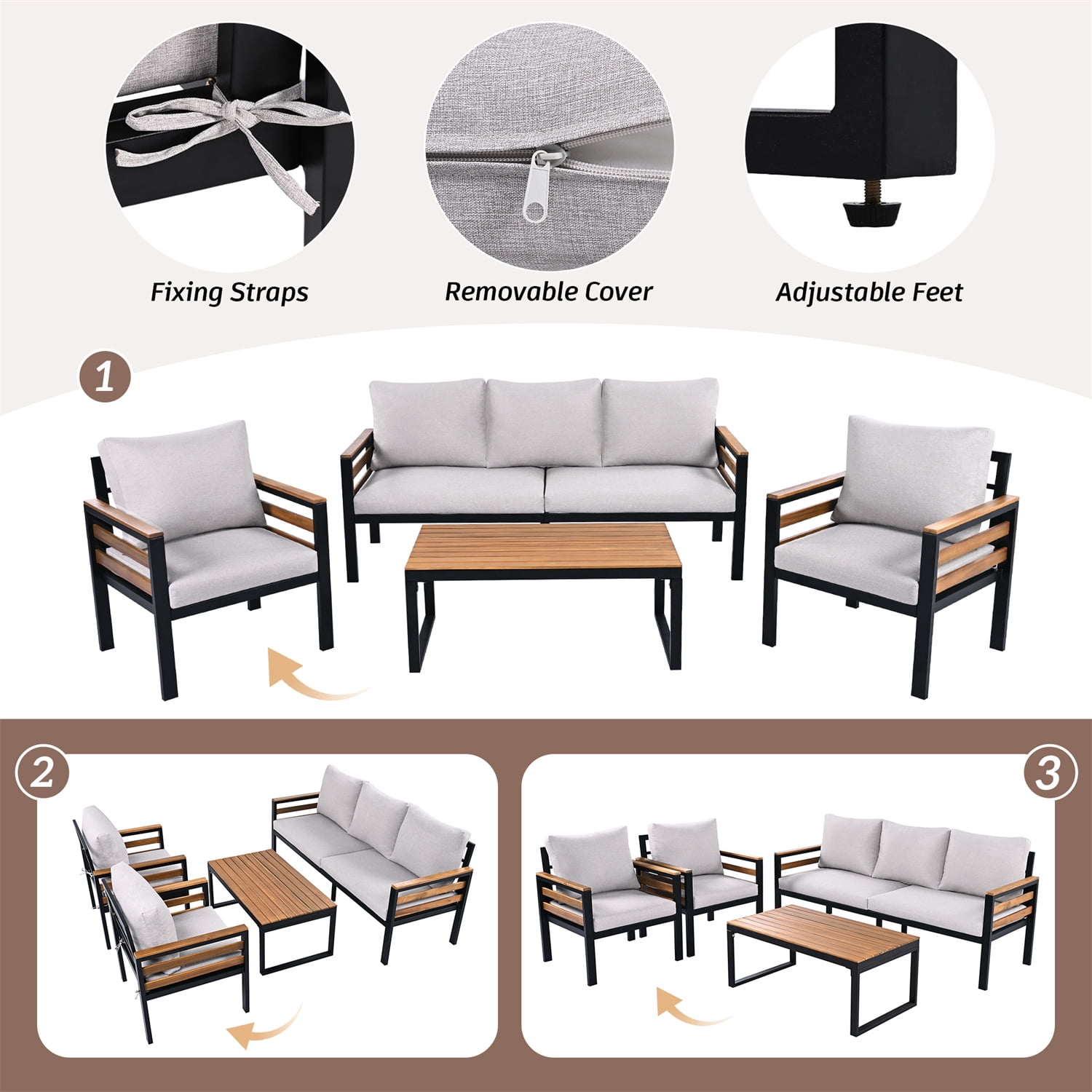 YIORTWO Patio Furniture Set, 4 Piece Outdoor Patio Furniture with Coffee Table Set, Metal Patio Conversation Sets with Washable and High-Resiliency Sponge Cushions, Beige