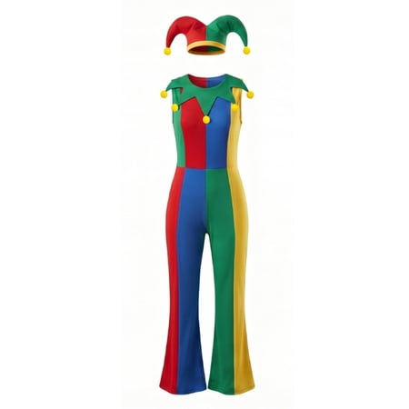 Clown Costume Set for Halloween Cosplay Multicolor Circus Show Clown One-Piece Outfit Jumpsuit for Halloween Carnival Party Suit Halloween Costume for Women M
