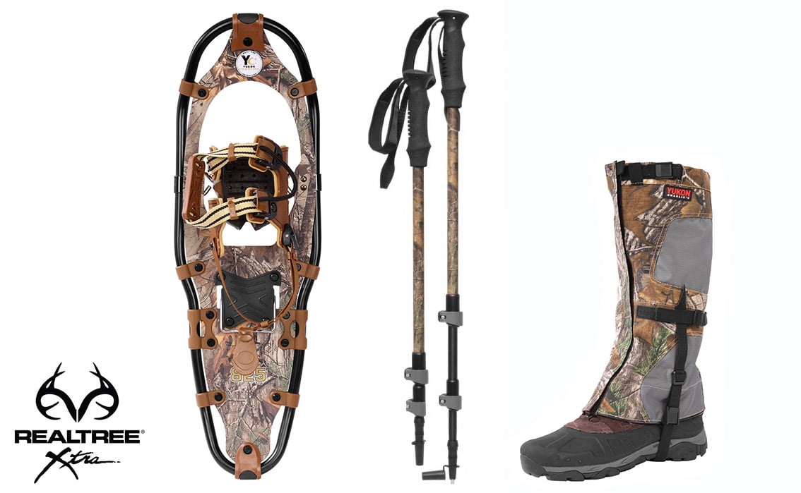 Yukon Charlie's Aluminum Snowshoes(up to 250lbs) Wood Camo w poles& L XL gaiters by