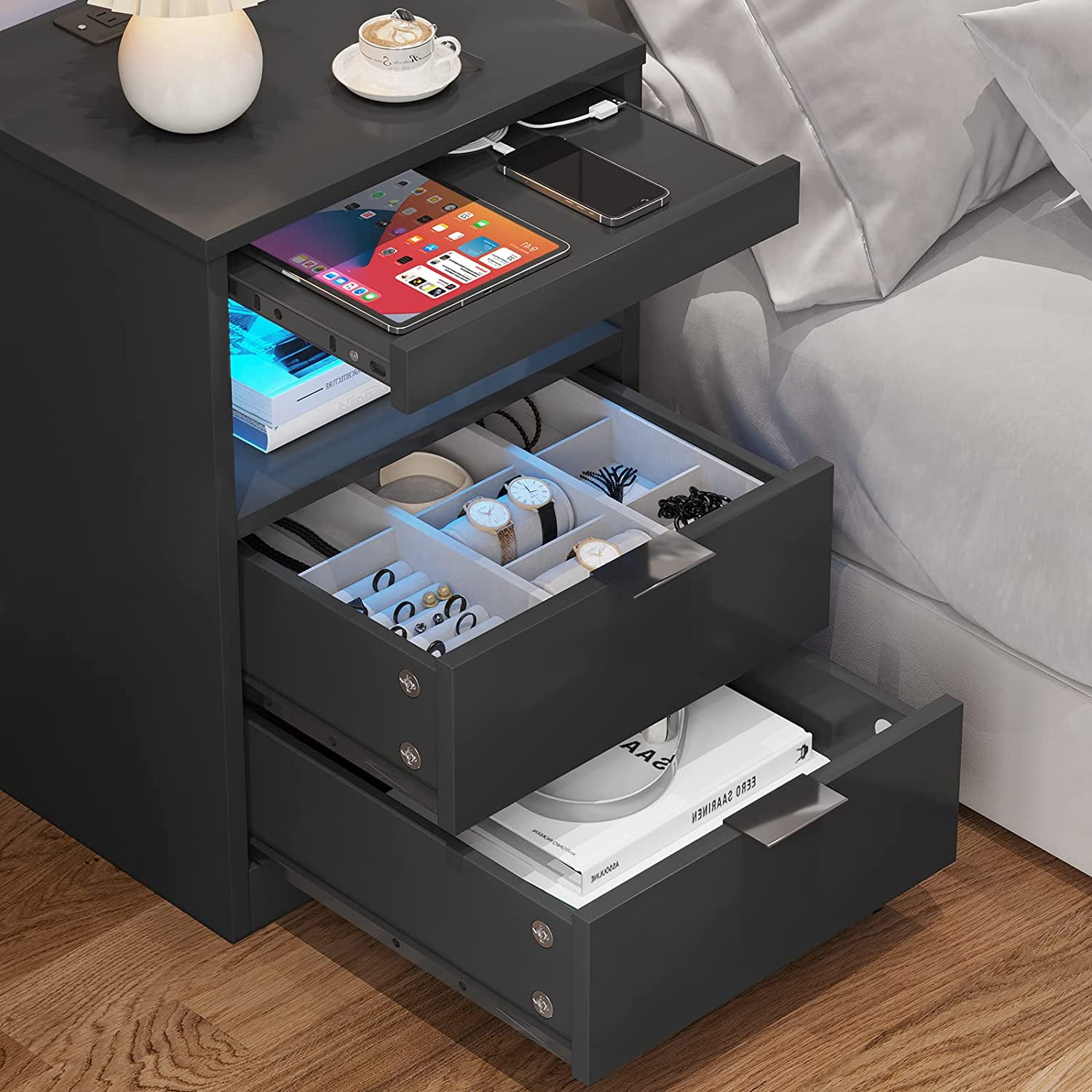 Afuhokles Nightstand with Wireless Charging Station, LED Bedside Table with with 2 Drawers, Black