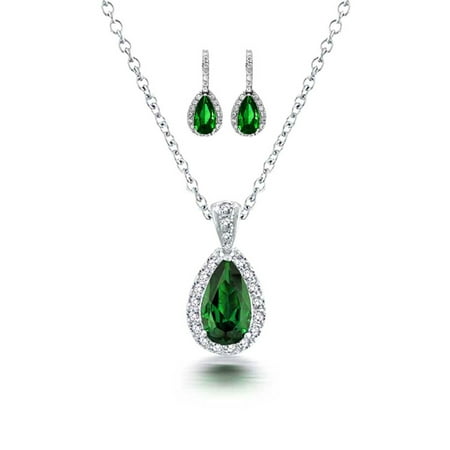 Brass Green Jewelry Set (Green Pear Shaped Tear drop Pendant Necklace Earring Set Pace CZ Halo Simulated Emerald Rhodium Plated Brass 18)