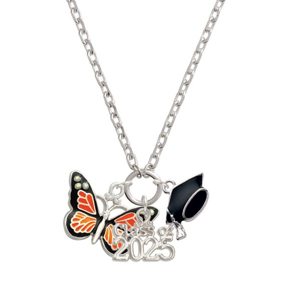 Delight Jewelry Silver-tone Large Monarch Butterfly with 6 AB Crystals - Silver-tone Class of 2025 Graduation Zoey Necklace, 28"