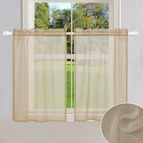 LAPAMAX Short Window Curtains Set for Kitchen Living Room 2 Panels Rod Pocket Tier Sheer Drapes Waterproof Cafe Curtains,Khaki,33''*30''