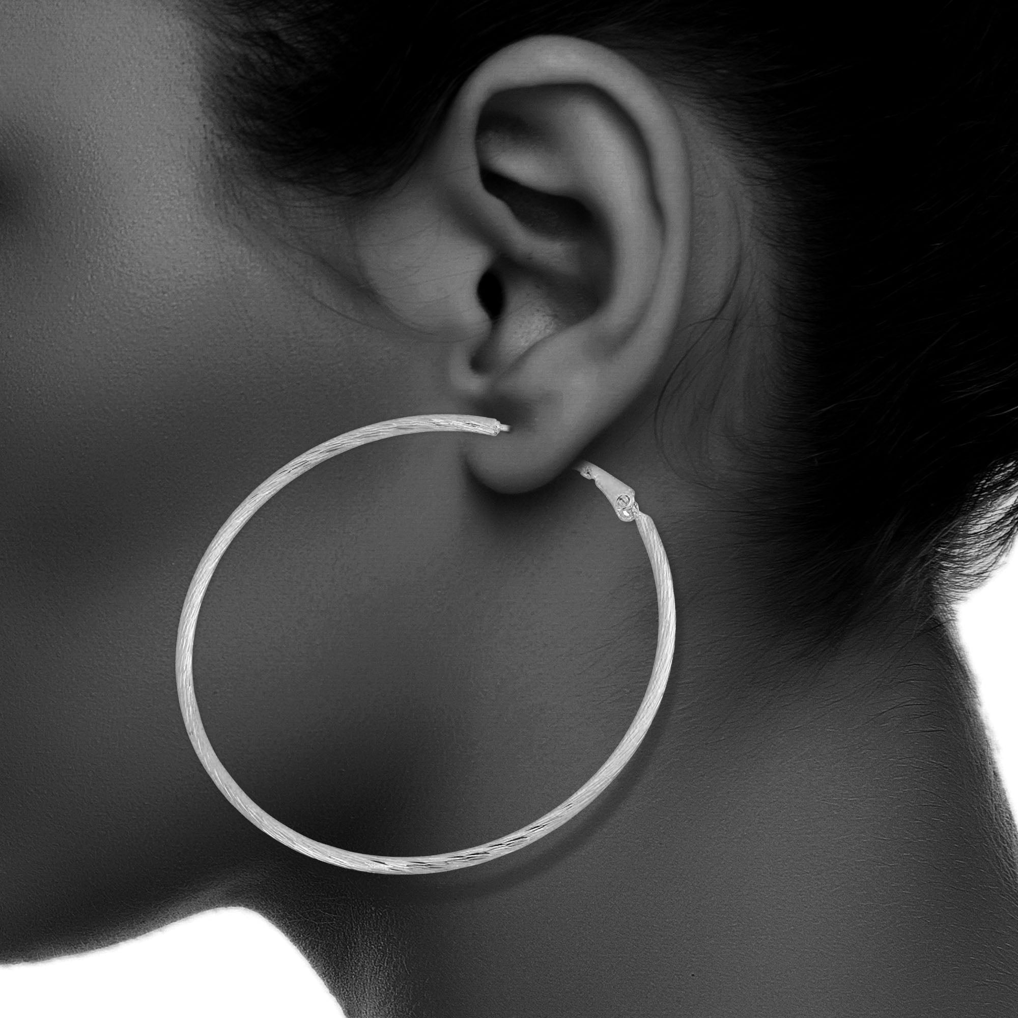 X & O Women's Silver Plated Twisted Diamond Cut 2mm X 60mm Hoop Earrings