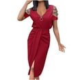 thumbnail image 2 of Summer Plus Size Dresses for Women 2024 Solid Color V Neck Off The Shoulder Short Sleeve Slit Dress Save to 65% off!, 2 of 5