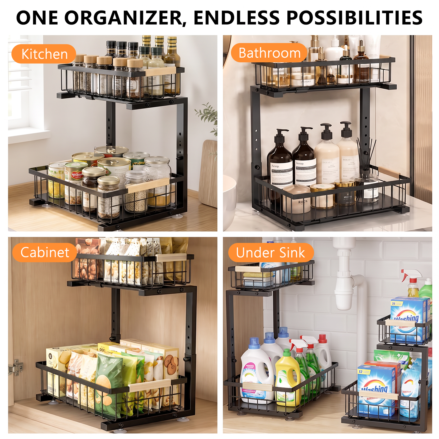 TAIMASI 2-Pack Under Sink Organizers, 2-Tier Pull-Out Drawers, Black photo 5
