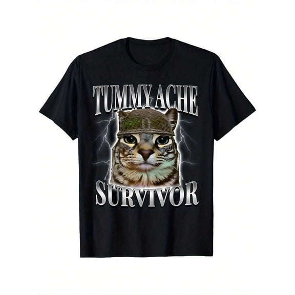【New Arrival】Tummy Ache Survivor Retro Lightning Cartoon Cat Graphic T-Shirt, Unisex Cotton Crew Neck Funny Stomach Pain Meme Casual Tee, Humor Novelty Gift