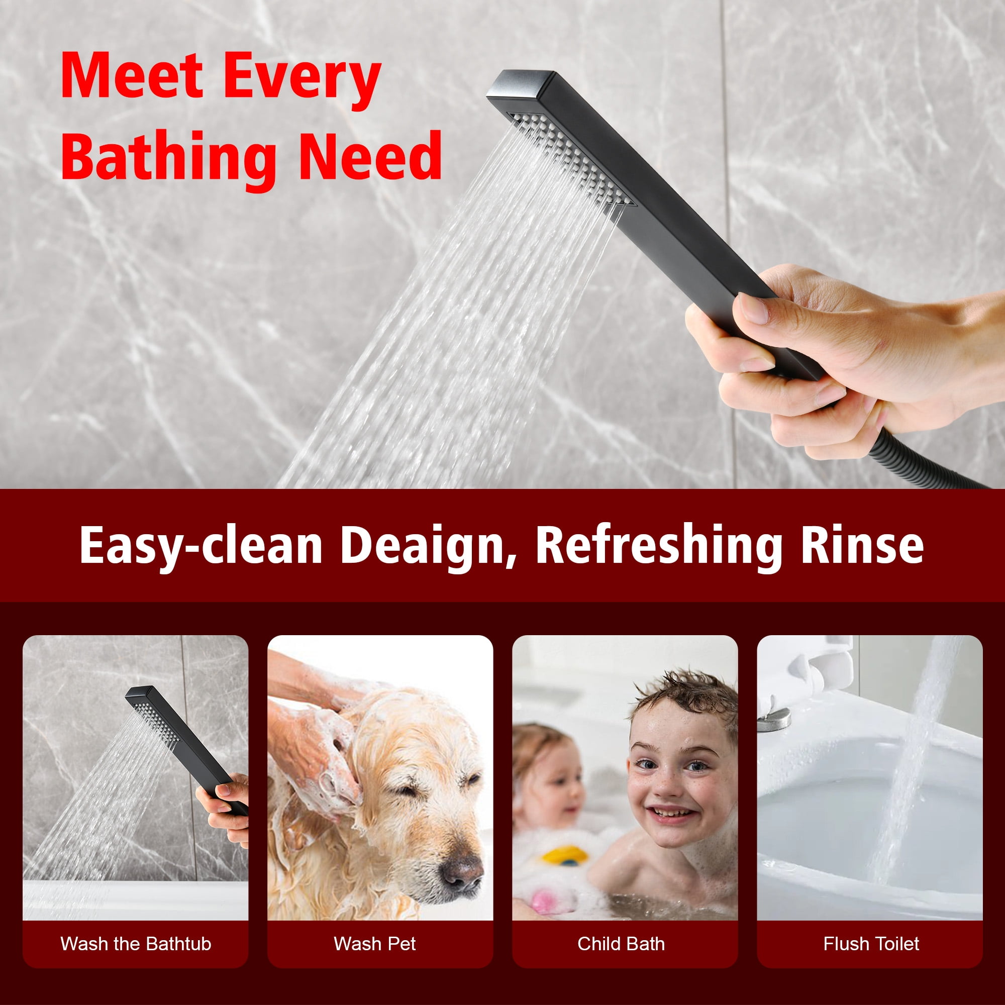 SUMERAIN Matte Black Bathroom Freestanding Tub Faucet, Modern Waterfall Floor Mount Bathtub Faucet with Hand Shower, High Flow