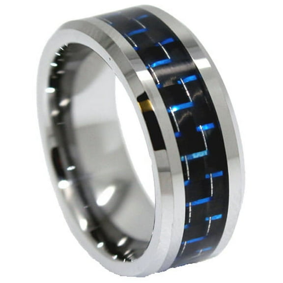 Tungsten Wedding Band Ring 8mm Men's Engagement Silver with Blue and Black Carbon Fiber Inlay