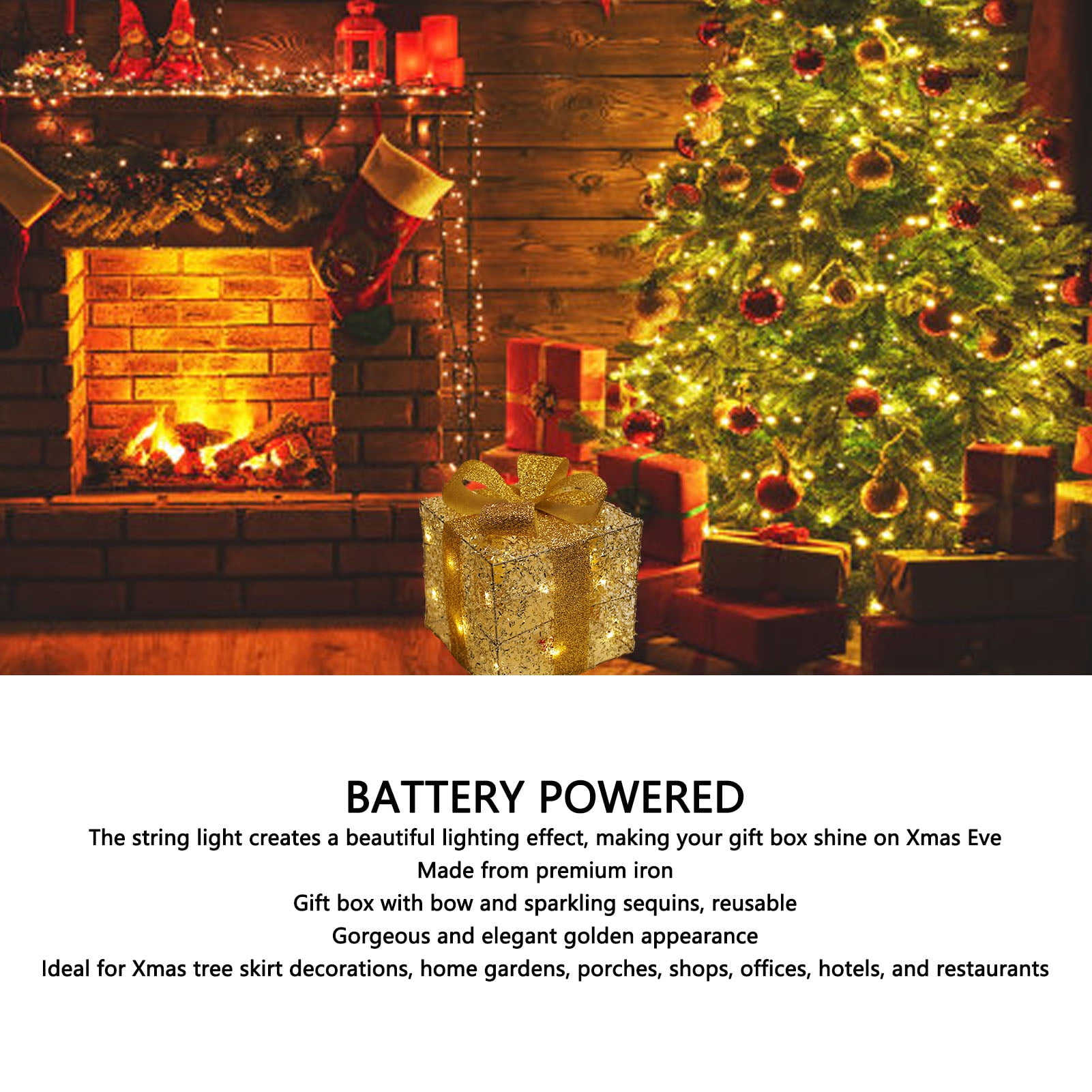 3-Piece Lighted Gold Iron Christmas Gift Box Decor - Battery-Powered String Light Xmas Present Boxes with Sequin Bow for Tree Skirt Yard Porch Holiday Decor