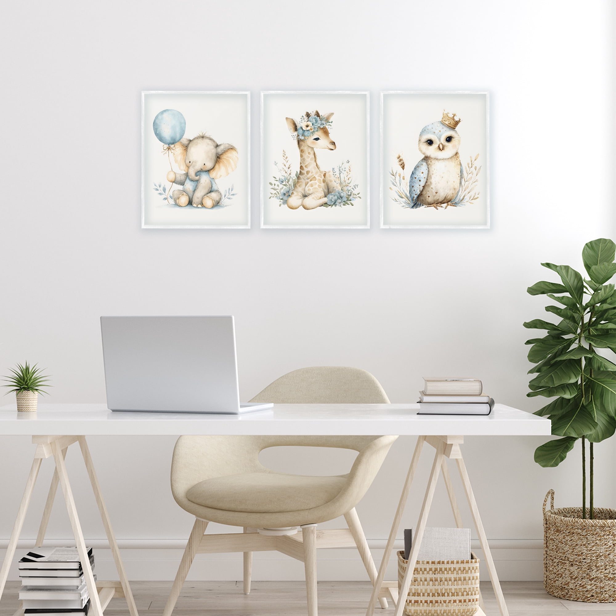 Stupell Industries Watercolor Nursery Animals 3 Piece White Framed Giclee Art Set, design by LSR Design Studio