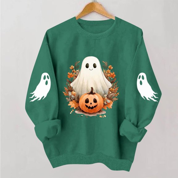 Tusihei Women Halloween Long Sleeve Cute Graphic Casual Pullover Tops Sweater Fall Winter Outfits, Green XL