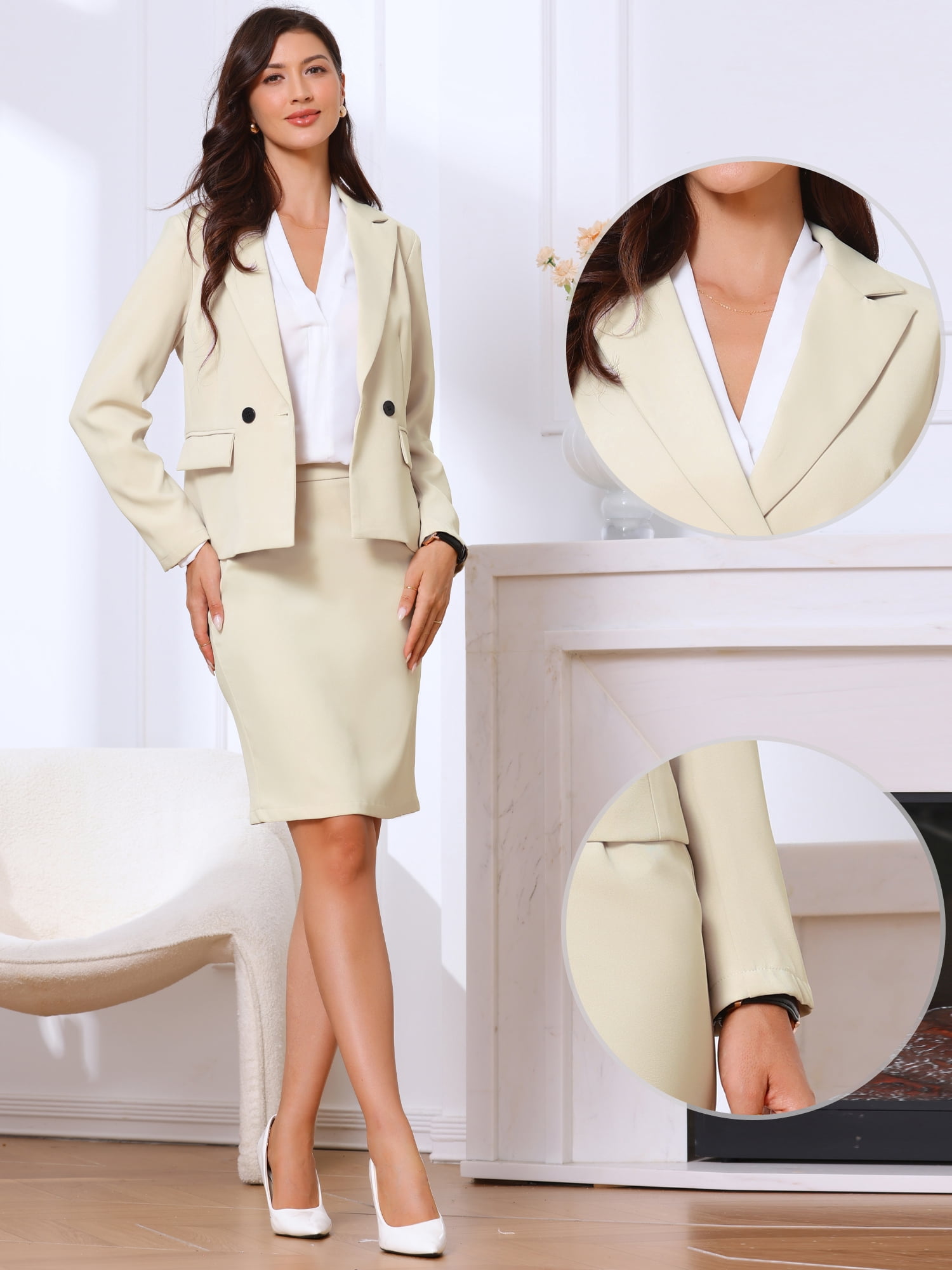 DARING DIVA 2Pcs Women's Business Double Breasted Blazer and Pencil Skirt XL Khaki