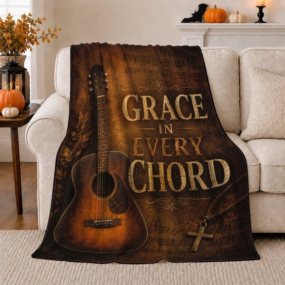 Acoustic Guitar And Cross With Ornate Typography, Soft Flannel Blanket with Vintage Music Illustration Print, Housewarming Gift and Home Decor for Bedroom and Living Room